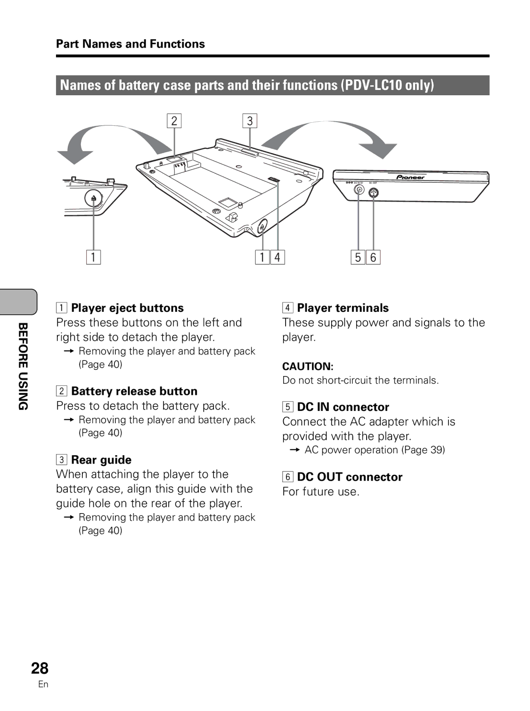 Pioneer PDV-LC10 Player eject buttons, Battery release button Press to detach the battery pack, Rear guide 