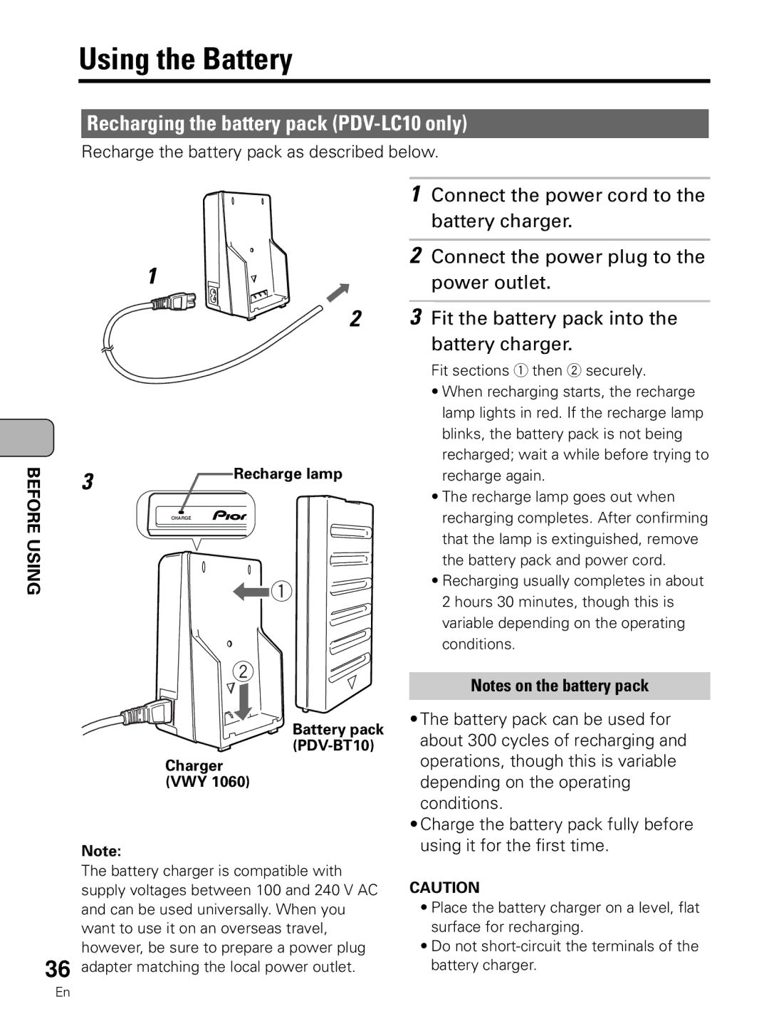 Pioneer operating instructions Using the Battery, Recharging the battery pack PDV-LC10 only, Recharge lamp, Charger VWY 