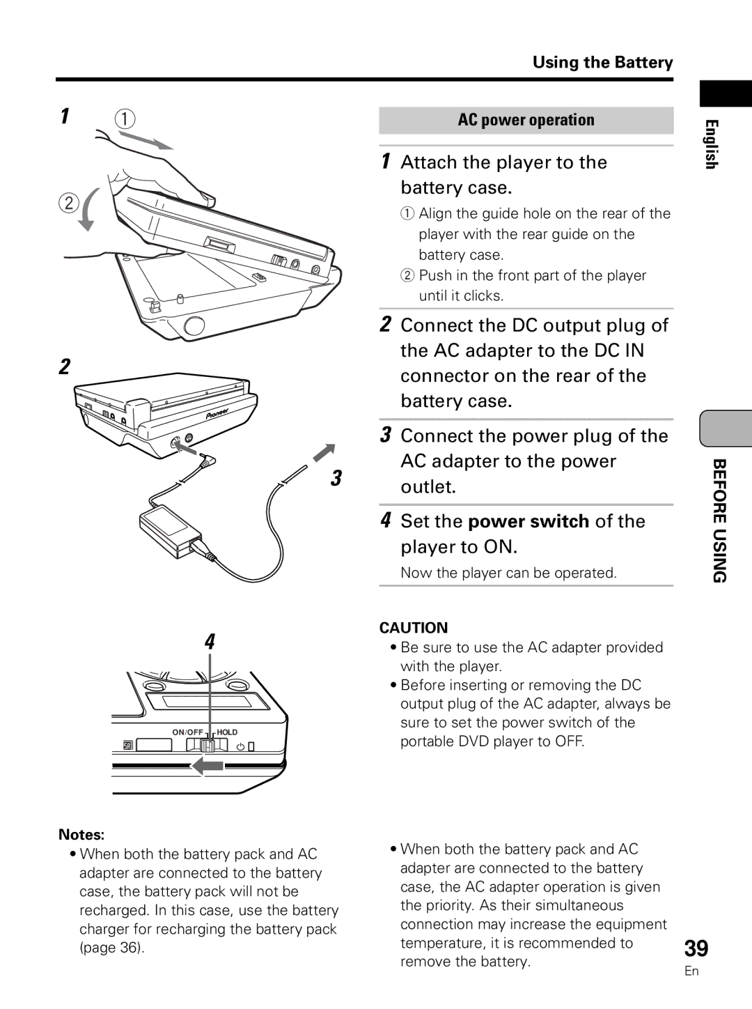 Pioneer PDV-LC10 operating instructions Attach the player to the battery case, Using the Battery AC power operation 