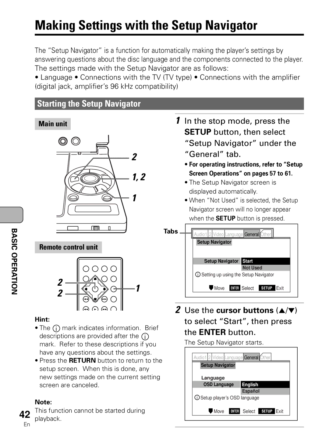 Pioneer PDV-LC10 Making Settings with the Setup Navigator, Starting the Setup Navigator, Use the cursor buttons 