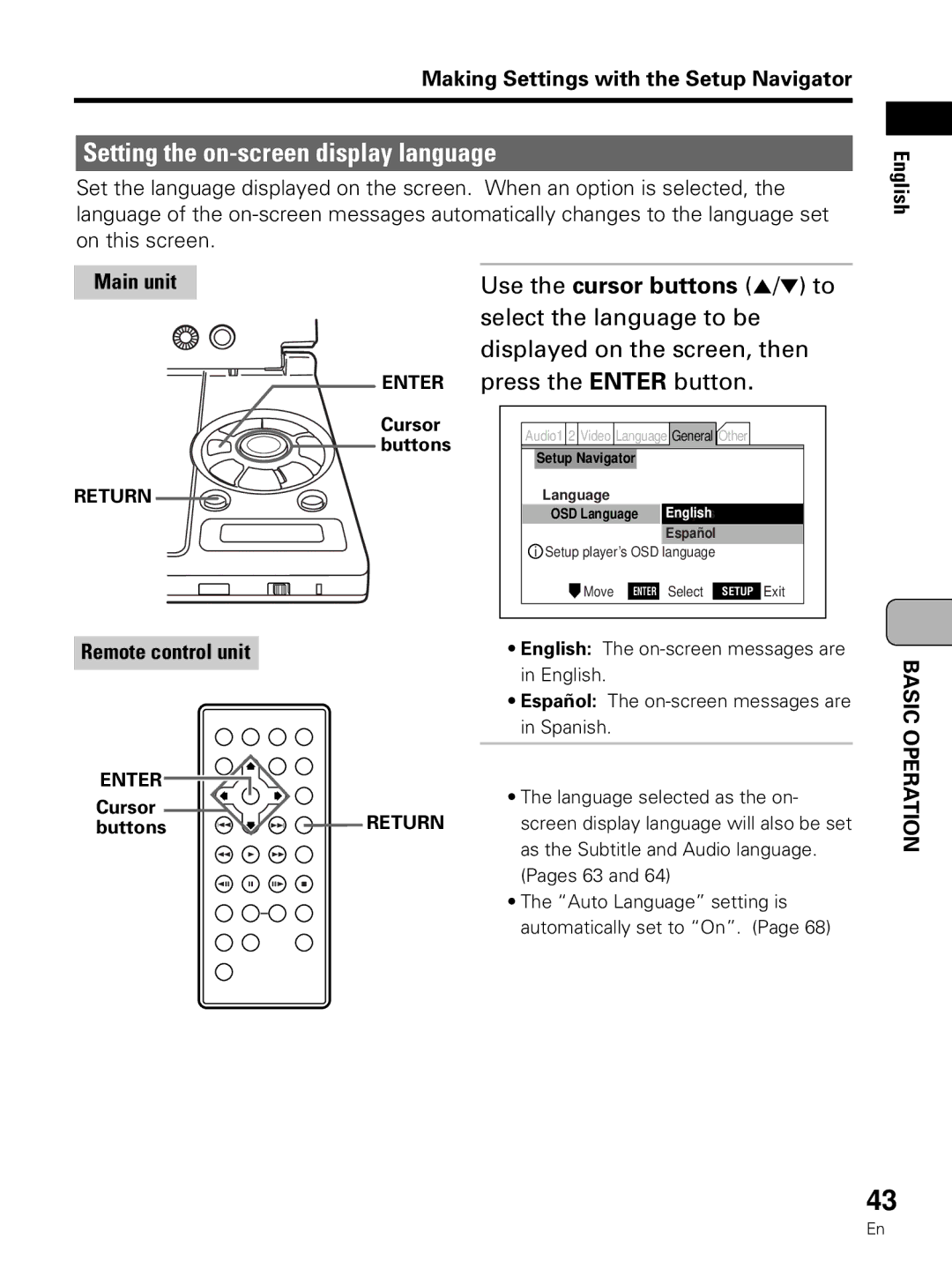 Pioneer PDV-LC10 Setting the on-screen display language, Use the cursor buttons 5/ to, Select the language to be 