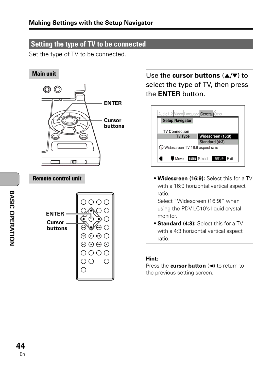 Pioneer PDV-LC10 Setting the type of TV to be connected, Select the type of TV, then press, Enter button 