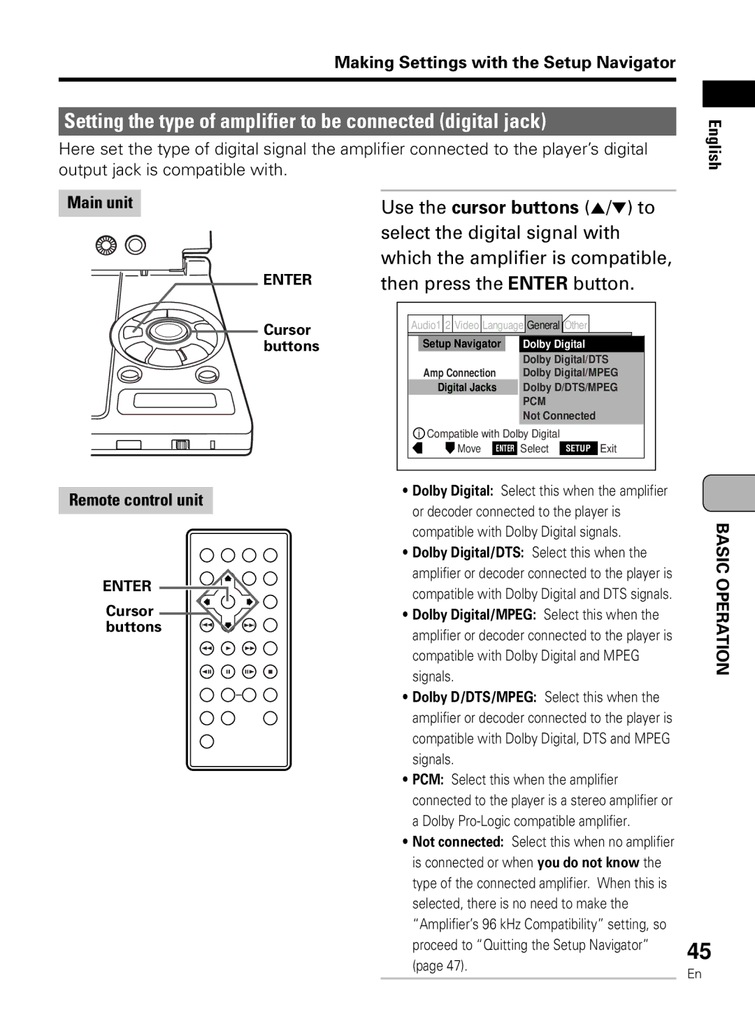 Pioneer PDV-LC10 Setting the type of amplifier to be connected digital jack, Use the cursor buttons 5 / to 