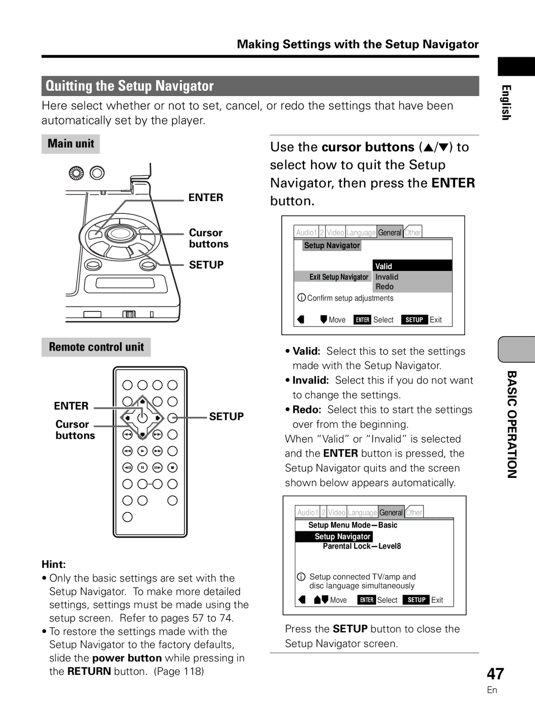 Pioneer PDV-LC10 Quitting the Setup Navigator, Select how to quit the Setup, Navigator, then press the Enter, Button 