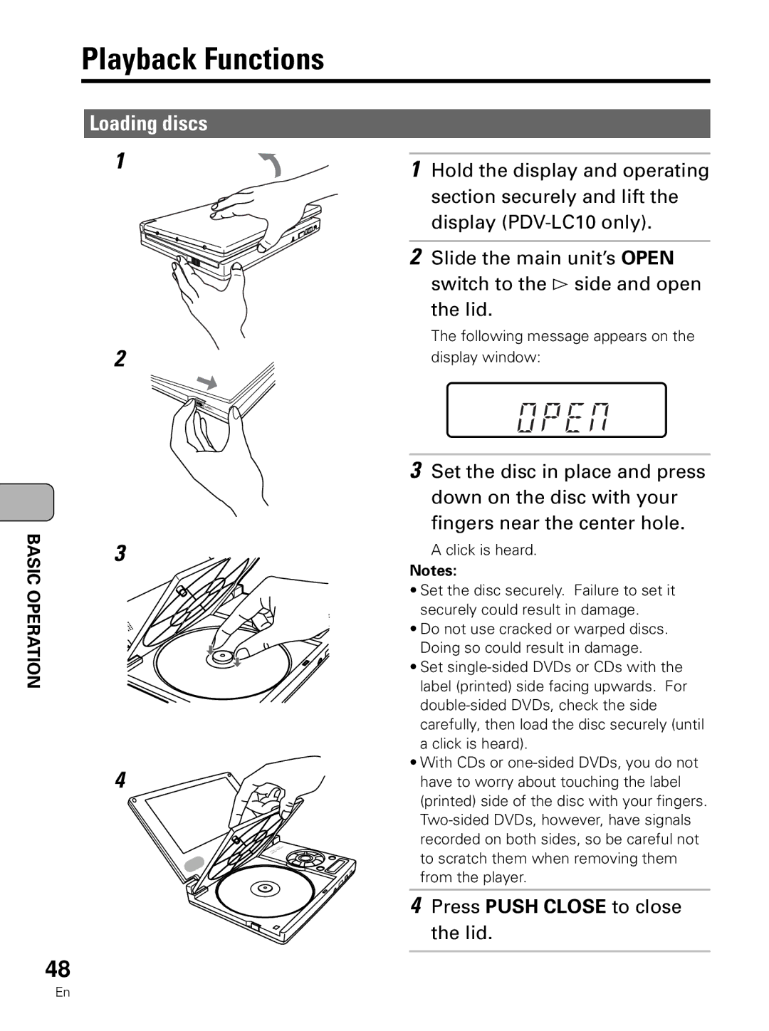 Pioneer PDV-LC10 operating instructions Playback Functions, Loading discs, Press Push Close to close the lid 