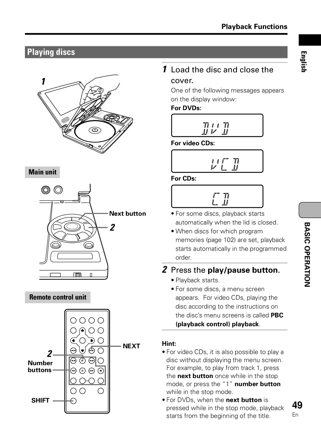 Pioneer PDV-LC10 Playing discs, Load the disc and close Cover, Press the play/pause button, Playback Functions 