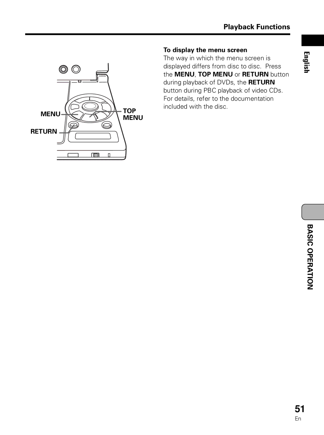 Pioneer PDV-LC10 operating instructions To display the menu screen, Menu , TOP Menu or Return button 