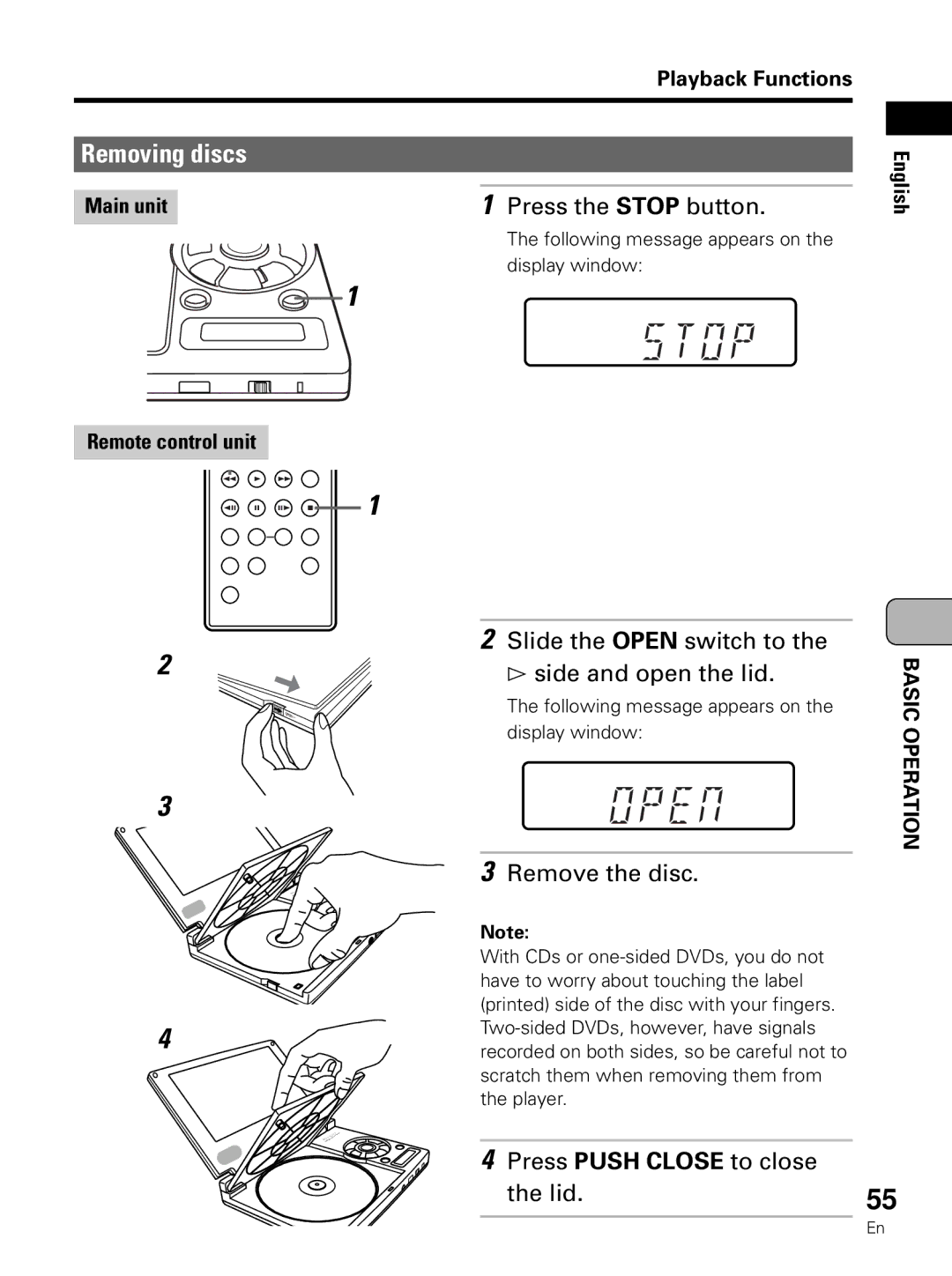 Pioneer PDV-LC10 operating instructions Removing discs, Slide the Open switch to # side and open the lid, Remove the disc 