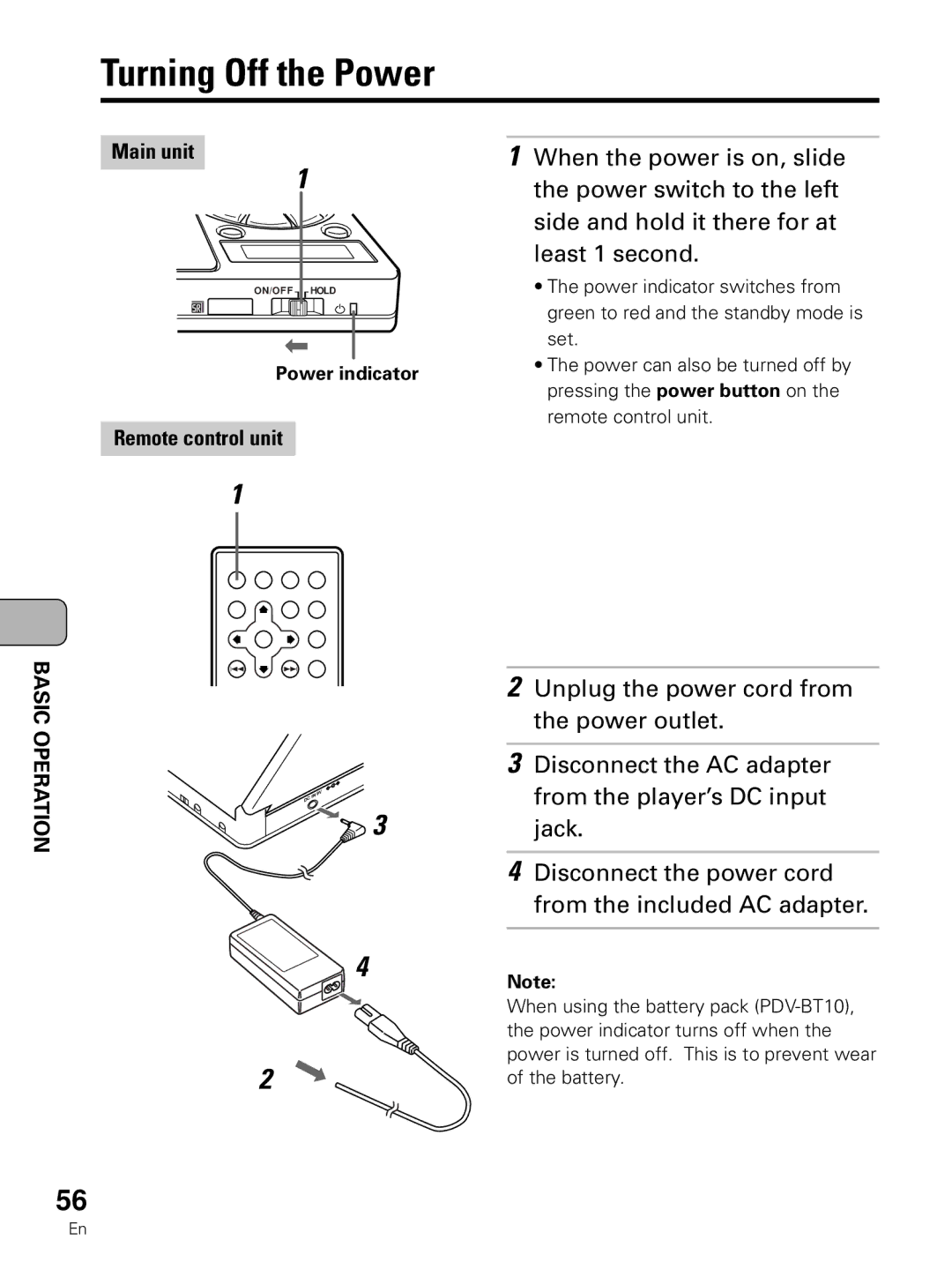 Pioneer PDV-LC10 operating instructions Turning Off the Power, Power indicator 