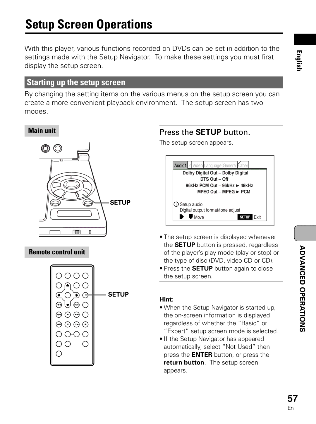 Pioneer PDV-LC10 Setup Screen Operations, Starting up the setup screen, Press the Setup button, Setup screen appears 