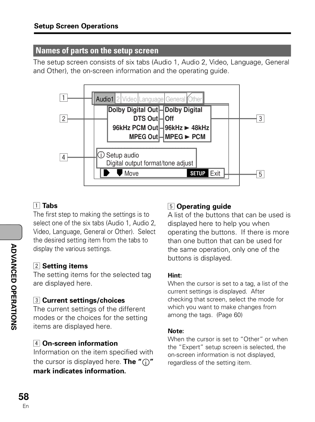 Pioneer PDV-LC10 Names of parts on the setup screen, Setup Screen Operations, Tabs, Setting items Operating guide 