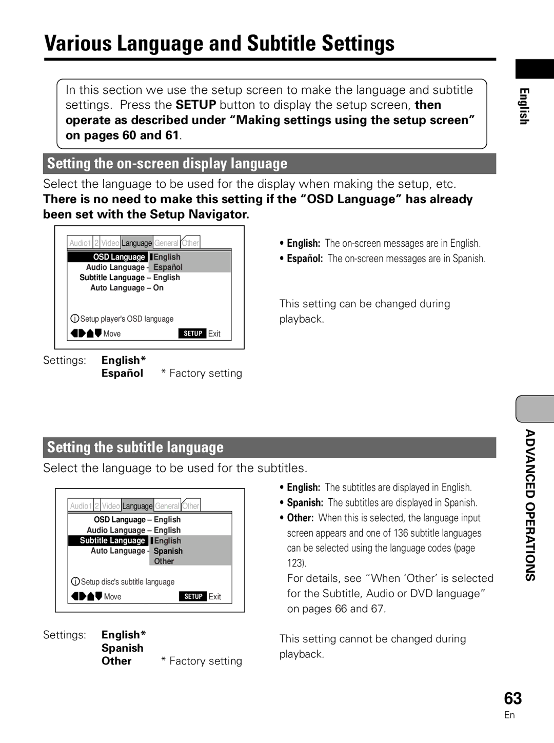 Pioneer PDV-LC10 operating instructions Various Language and Subtitle Settings, Setting the subtitle language 