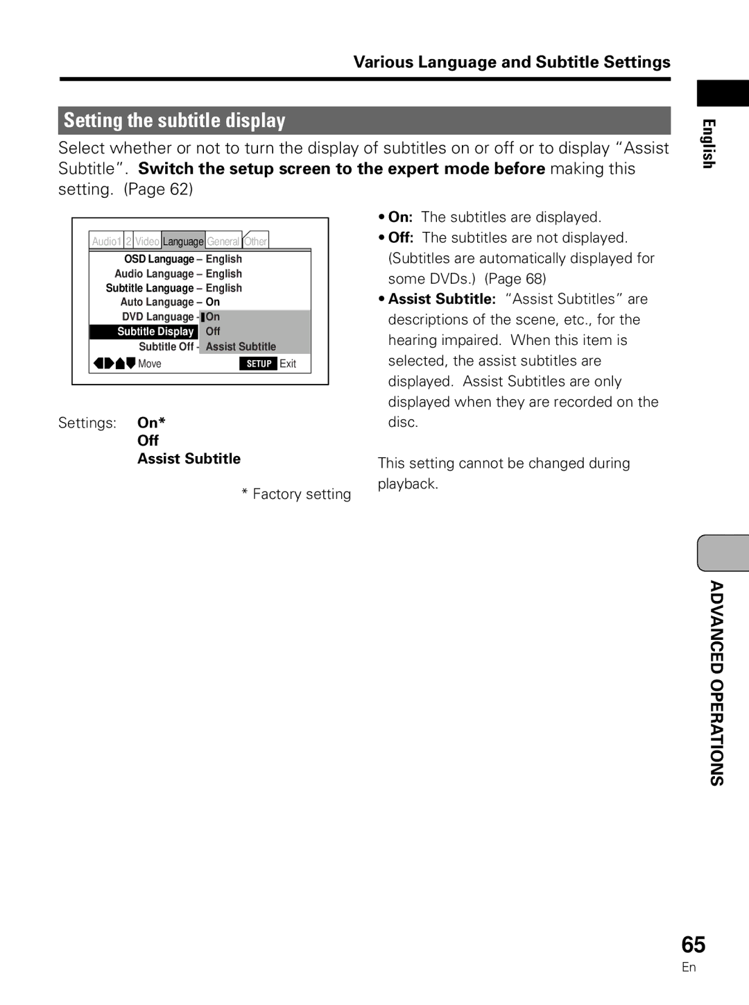 Pioneer PDV-LC10 operating instructions Setting the subtitle display, Settings On, Off Assist Subtitle 