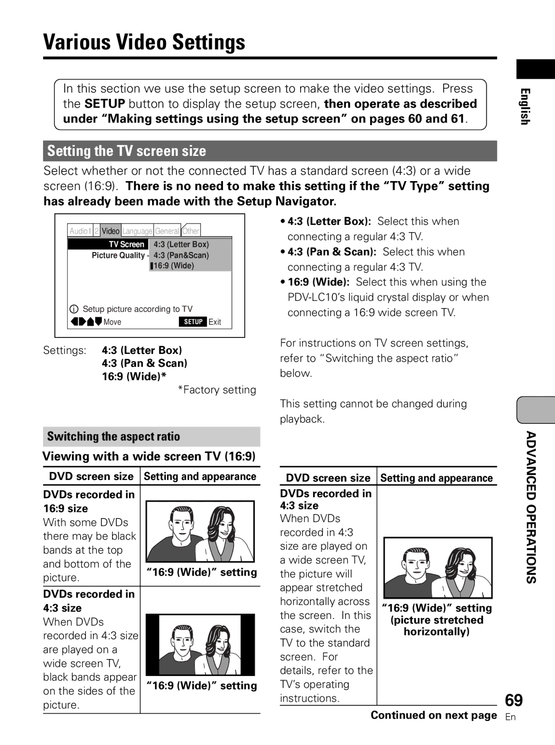 Pioneer PDV-LC10 Various Video Settings, Setting the TV screen size, Has already been made with the Setup Navigator 