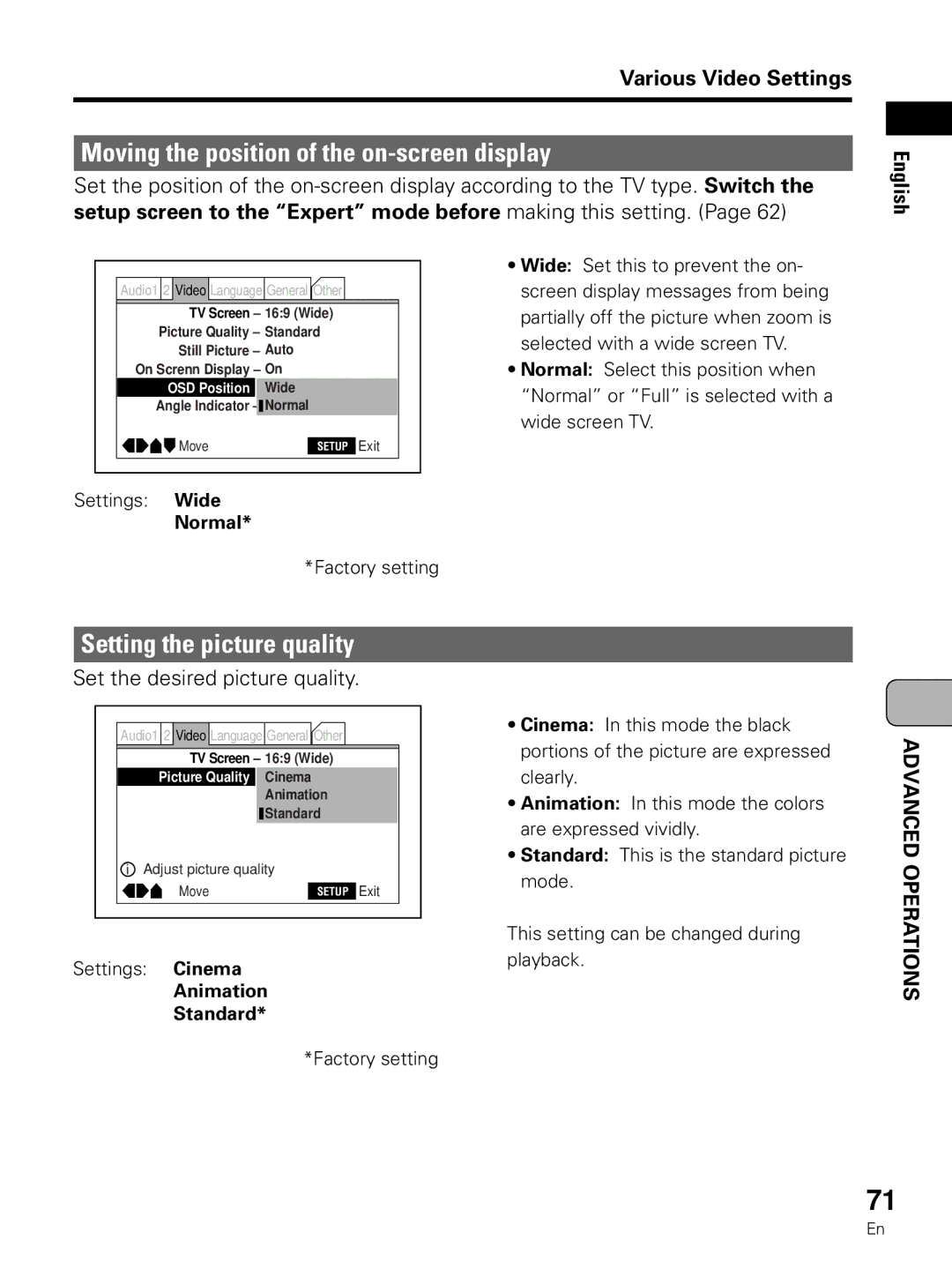 Pioneer PDV-LC10 Moving the position of the on-screen display, Setting the picture quality, Settings Wide Normal 