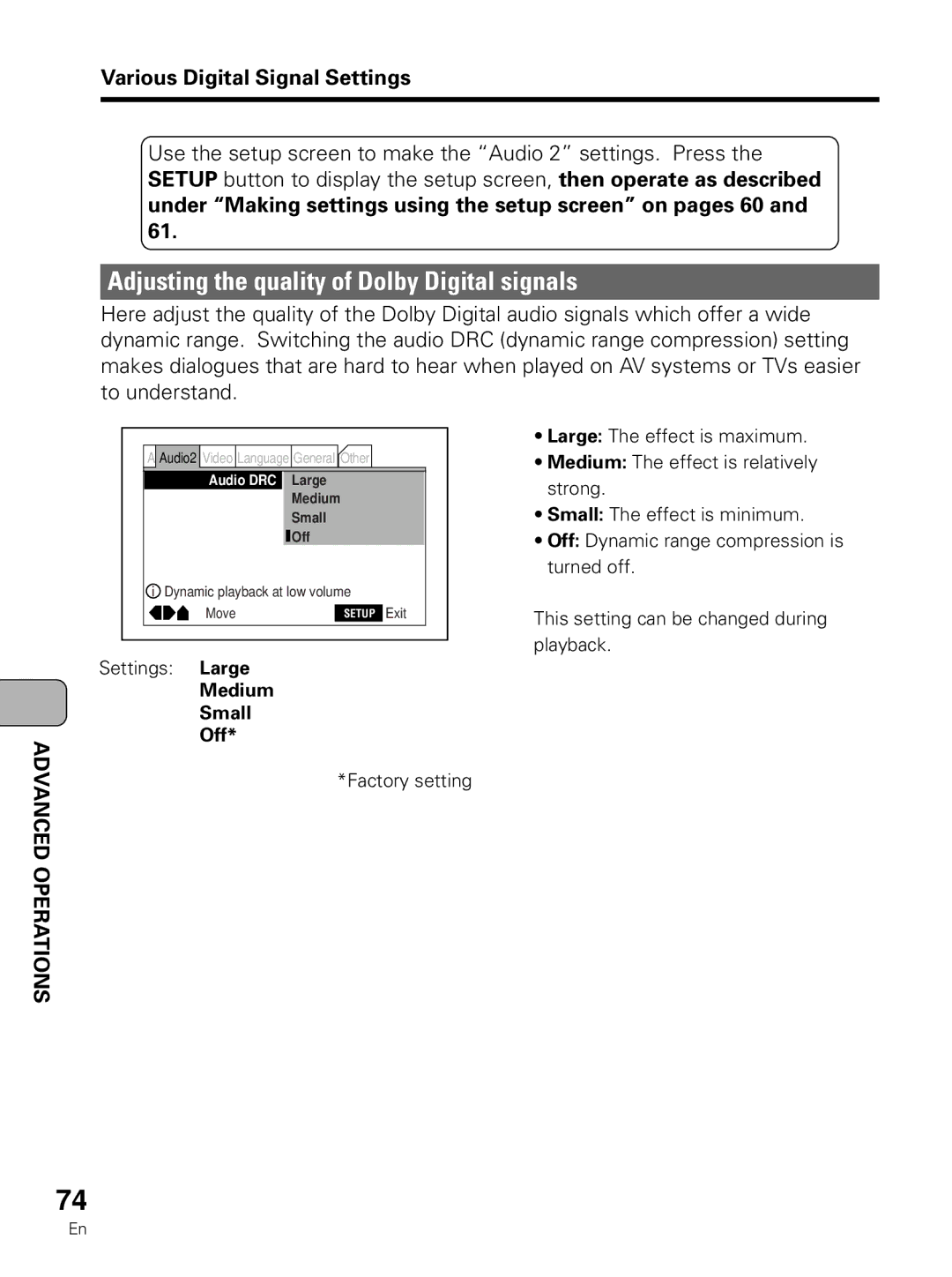 Pioneer PDV-LC10 operating instructions Adjusting the quality of Dolby Digital signals, Settings Large, Medium Small Off 