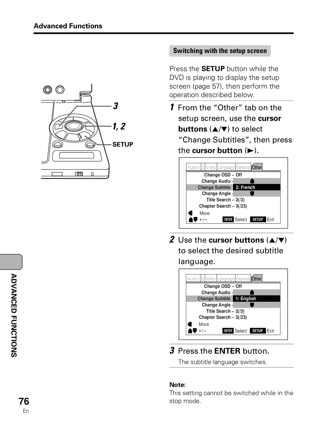 Pioneer PDV-LC10 operating instructions Change Subtitles, then press, Cursor button, Language 