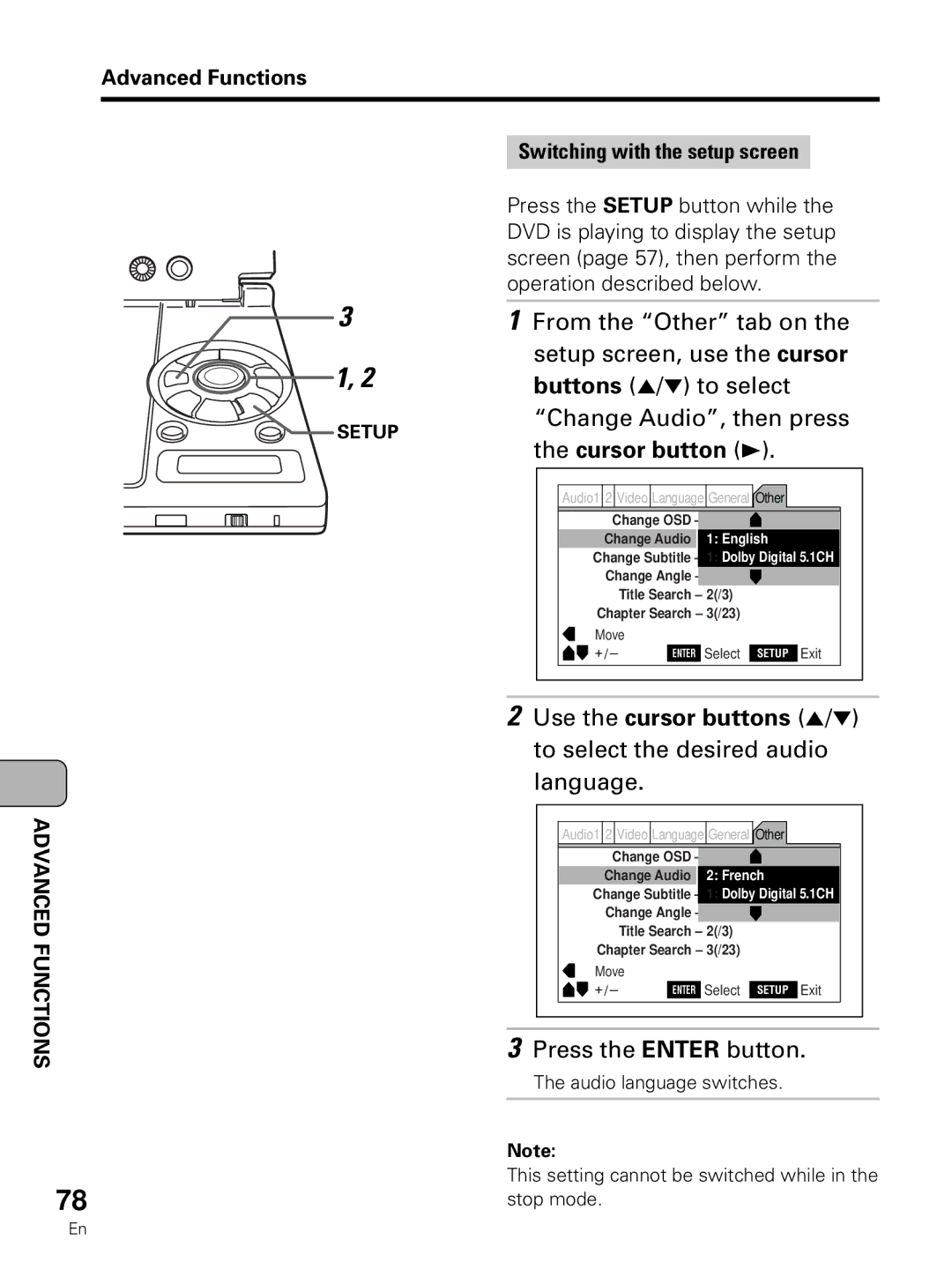 Pioneer PDV-LC10 operating instructions Change Audio, then press, Use the cursor buttons 5/ to select the desired audio 