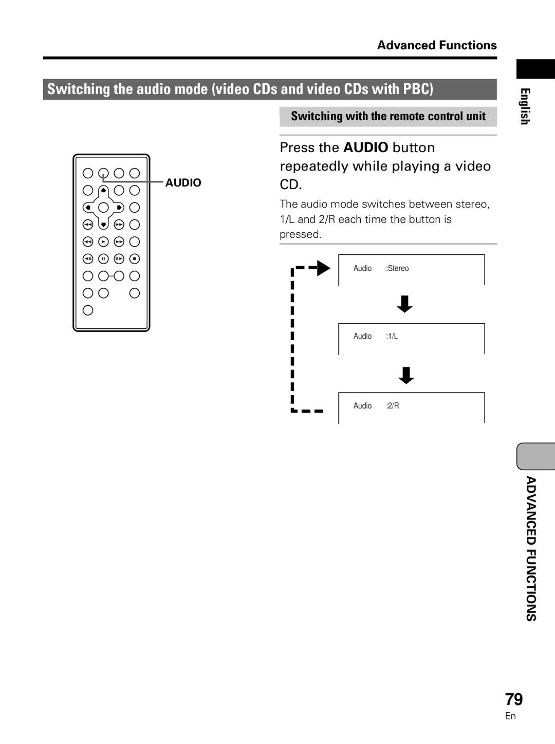 Pioneer PDV-LC10 Switching the audio mode video CDs and video CDs with PBC, Switching with the remote control unit English 