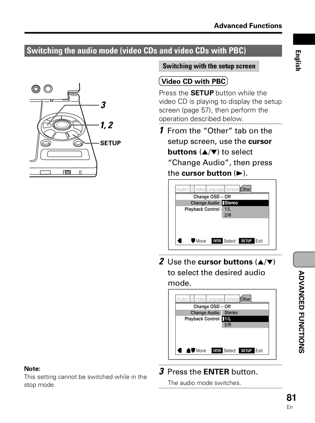 Pioneer PDV-LC10 operating instructions Setup screen, use the cursor, Buttons 5/ to select Change Audio, then press, Mode 