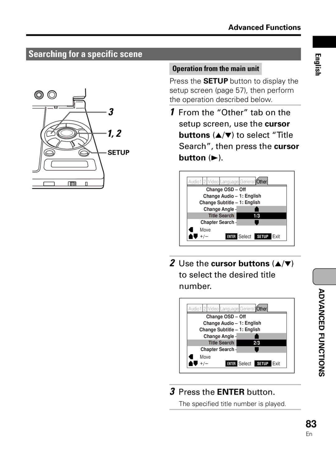 Pioneer PDV-LC10 Buttons 5/ to select Title, Search, then press the cursor, To select the desired title, Number 