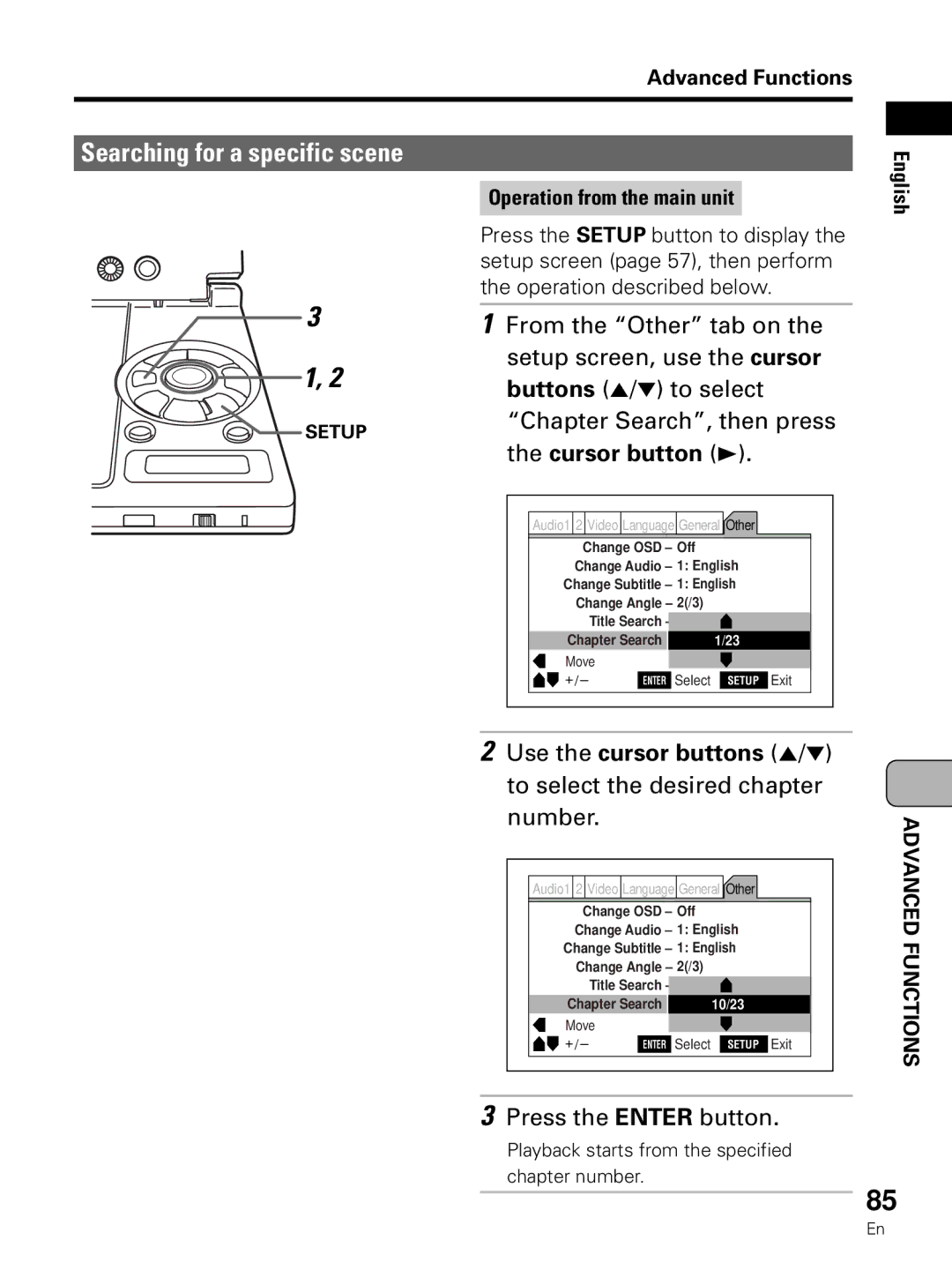 Pioneer PDV-LC10 operating instructions Chapter Search, then press, Use the cursor buttons 5/ to select the desired chapter 