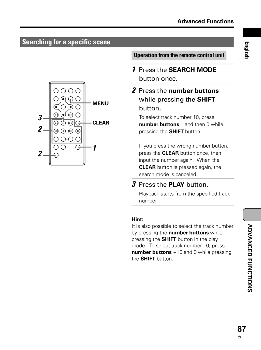 Pioneer PDV-LC10 Operation from the remote control unit English, Playback starts from the specified track number 