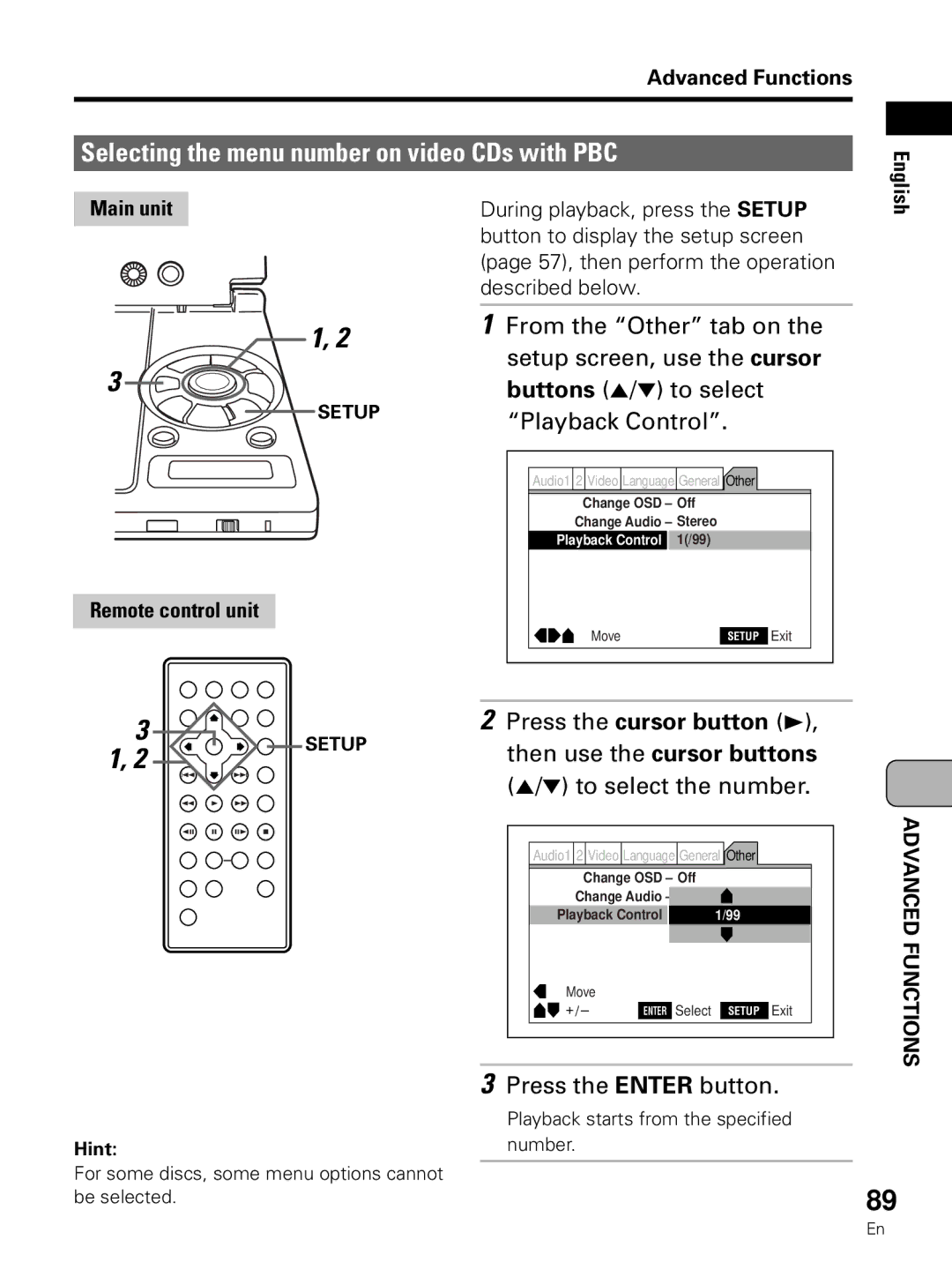 Pioneer PDV-LC10 Selecting the menu number on video CDs with PBC, Buttons 5/ to select Playback Control 