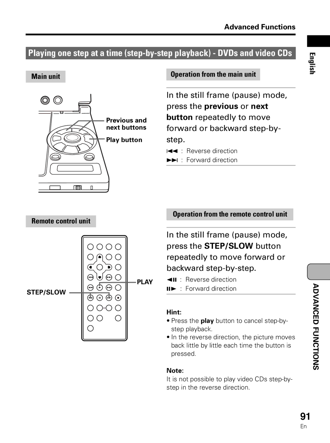 Pioneer PDV-LC10 Play button, Reverse direction ¢ Forward direction, Reverse direction E Forward direction 