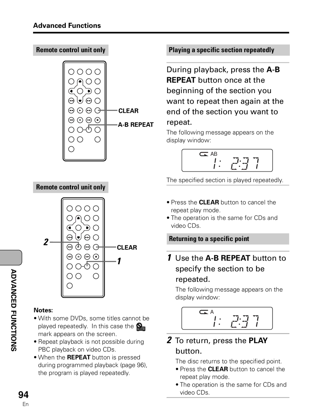 Pioneer PDV-LC10 Repeated, To return, press the Play Button, Advanced Functions Remote control unit only 