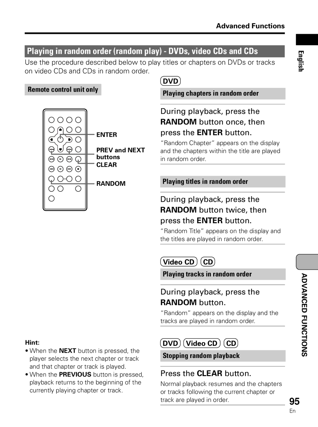 Pioneer PDV-LC10 operating instructions During playback, press, Random button once, then, Press the Clear button 