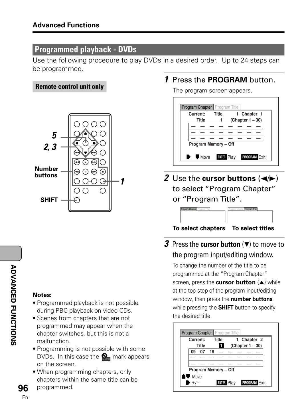 Pioneer PDV-LC10 Programmed playback DVDs, Press the Program button, To select chapters To select titles 