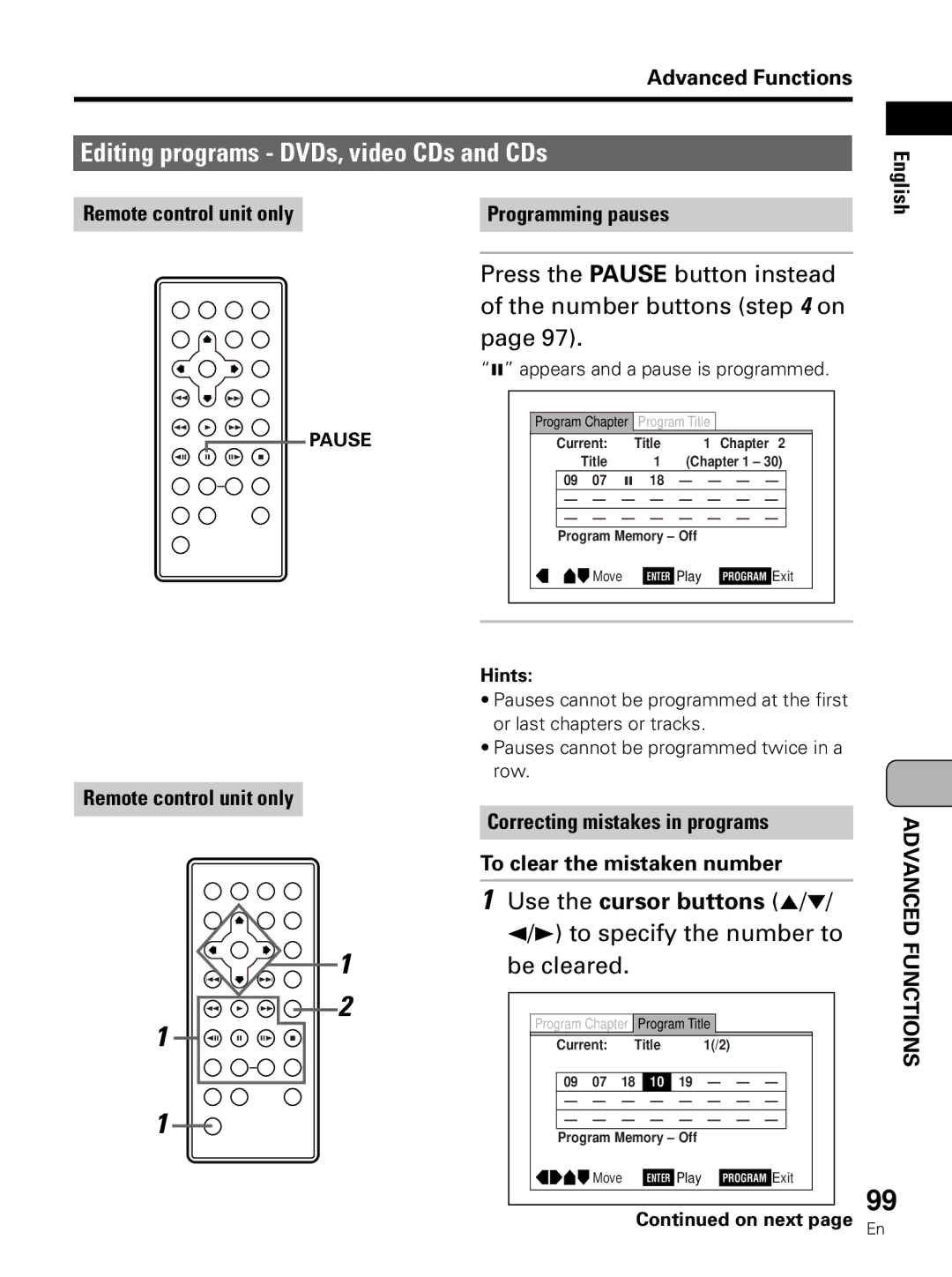 Pioneer PDV-LC10 Editing programs DVDs, video CDs and CDs, Press the Pause button instead of the number buttons on 