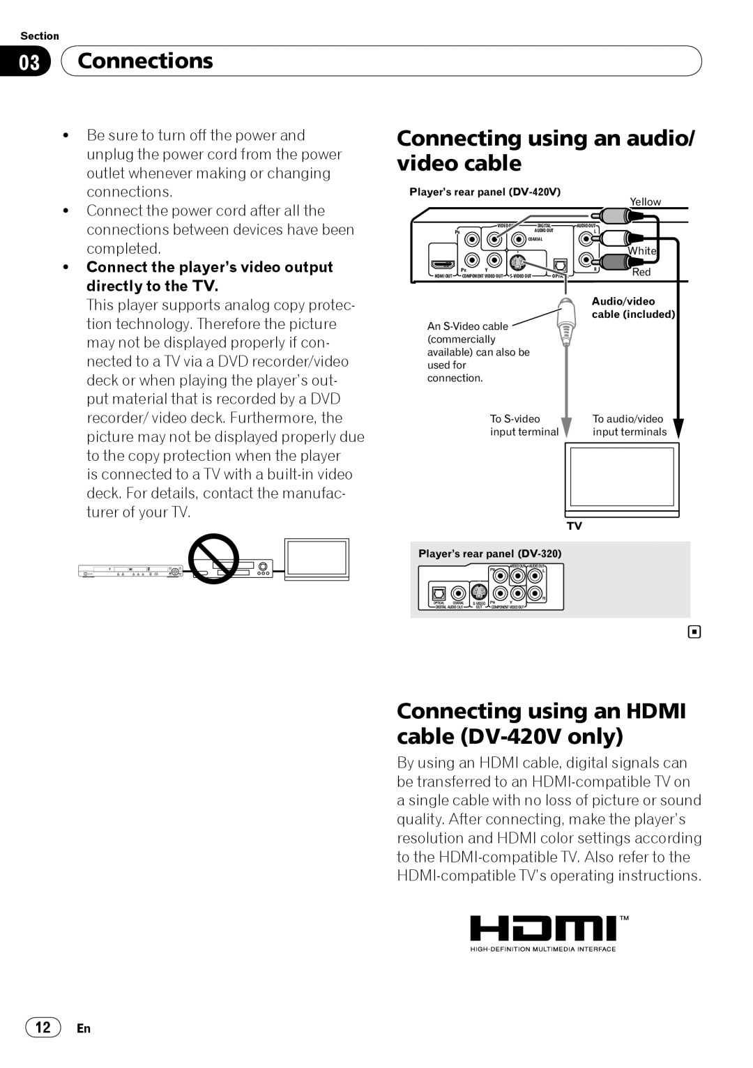 Pioneer PIONDV320S Connections, Connecting using an audio/ video cable, Connecting using an Hdmi cable DV-420V only, 12 En 