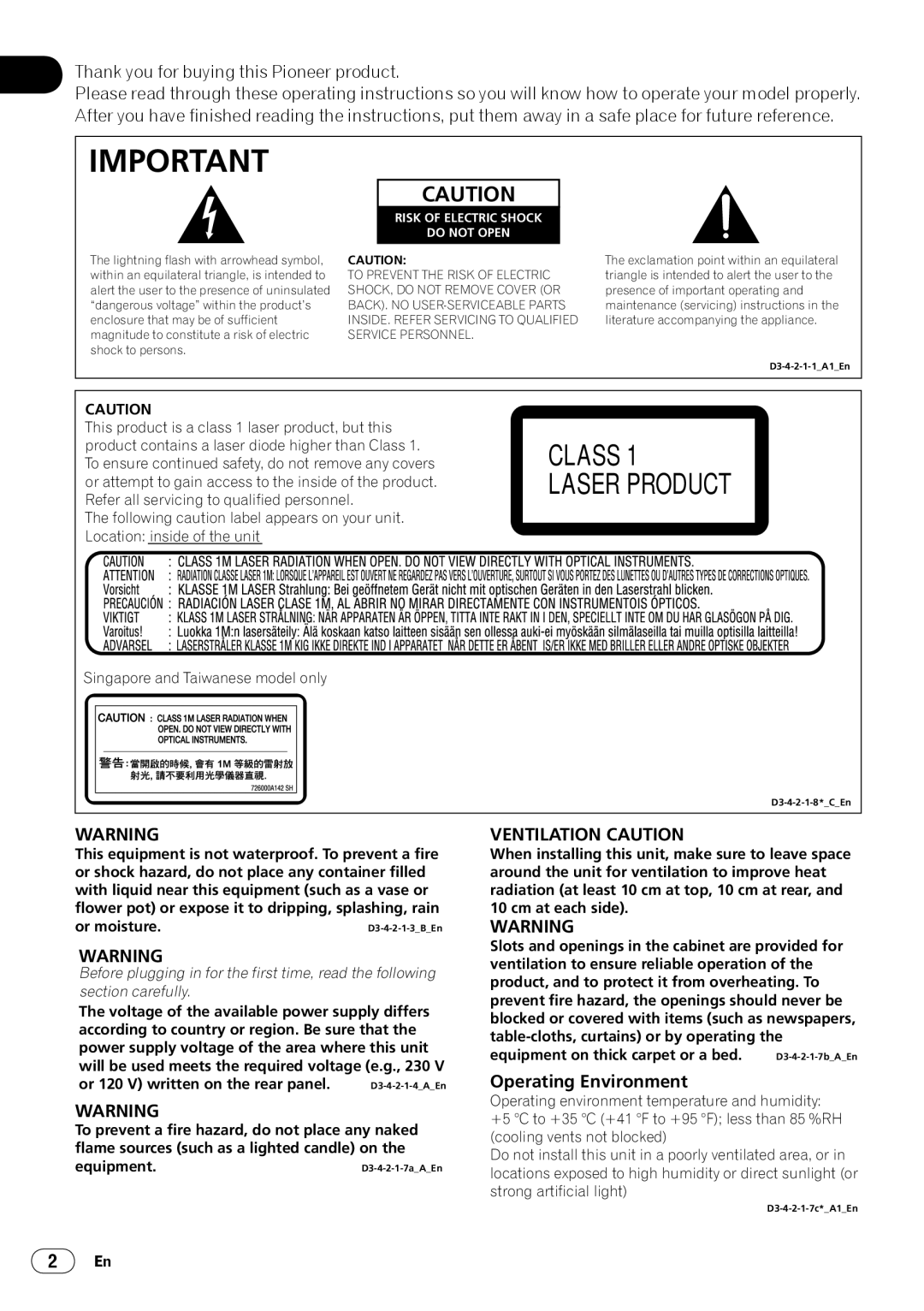 Pioneer PIONDV320S operating instructions Ventilation Caution, Operating Environment 