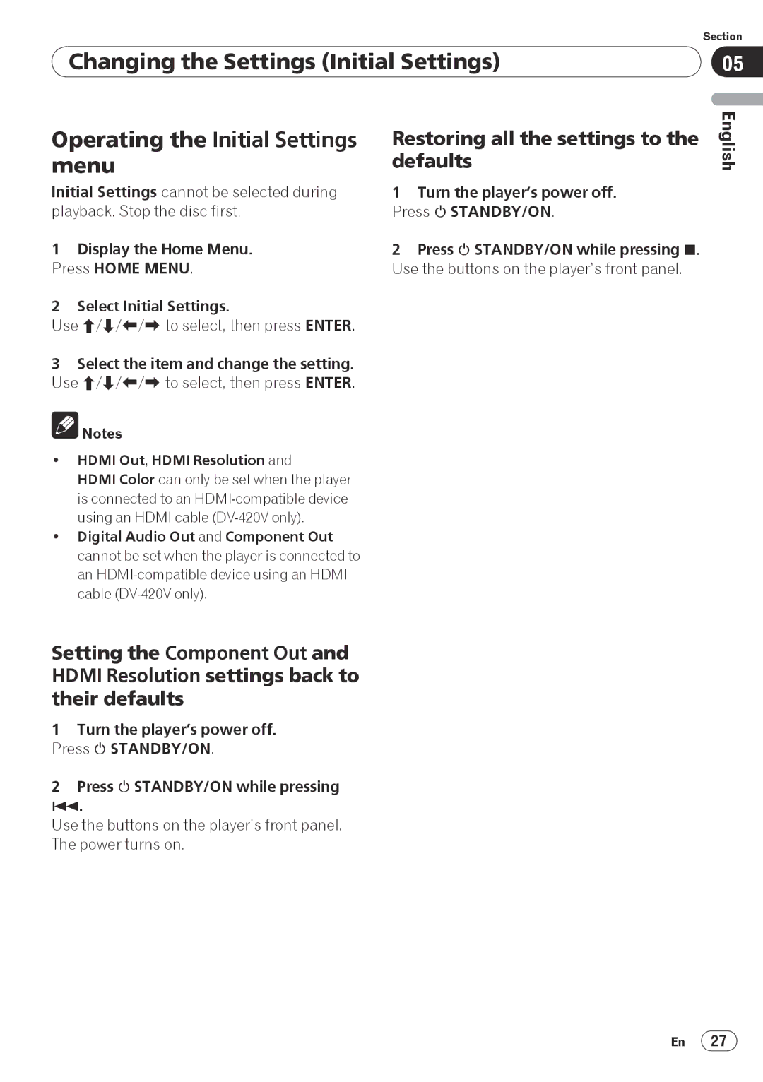 Pioneer PIONDV320S operating instructions Restoring all the settings to the defaults,  Hdmi Out, Hdmi Resolution 