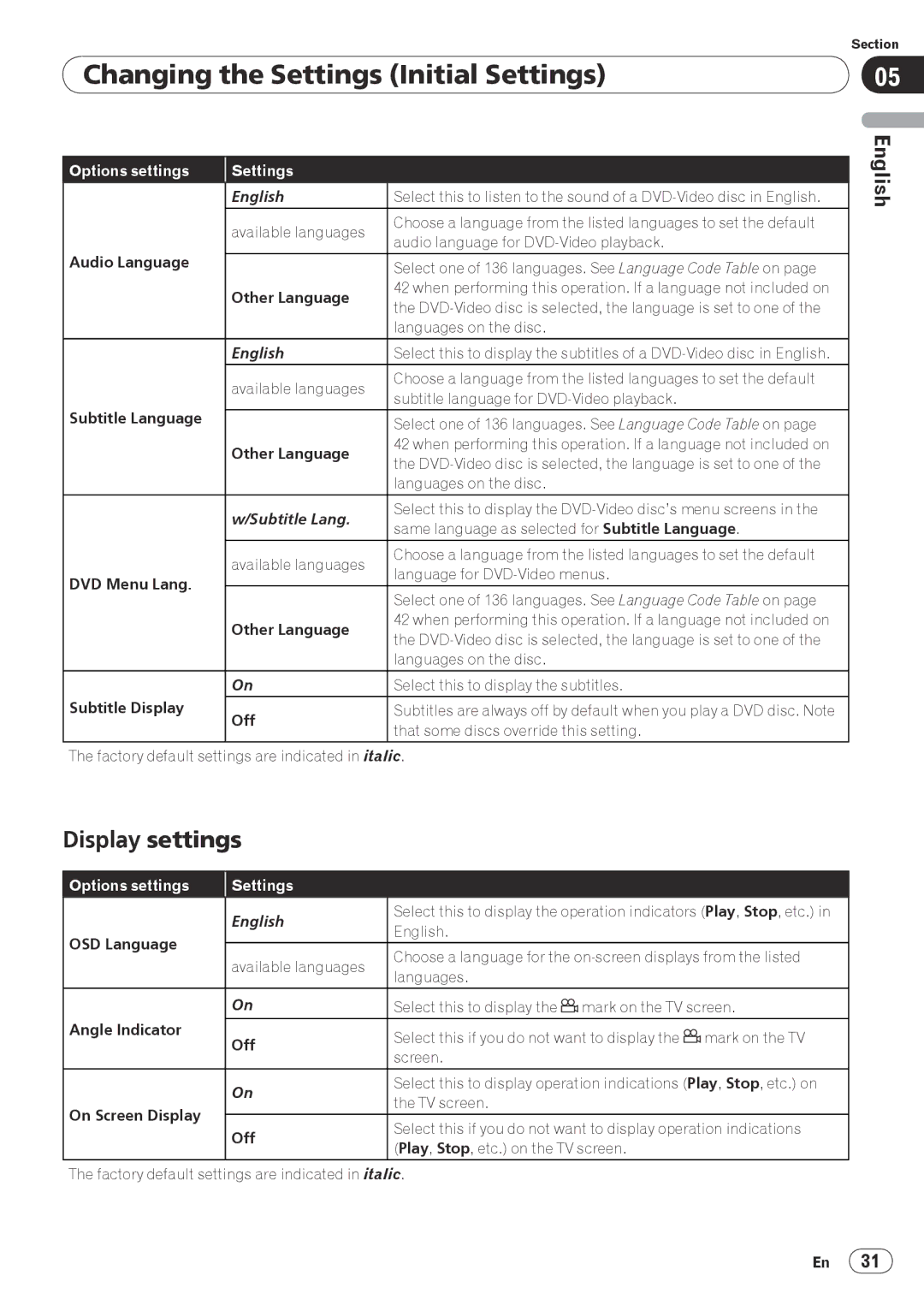 Pioneer PIONDV320S operating instructions Display settings 