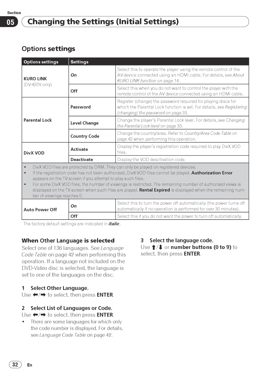 Pioneer PIONDV320S operating instructions Options settings, When Other Language is selected, Select Other Language 