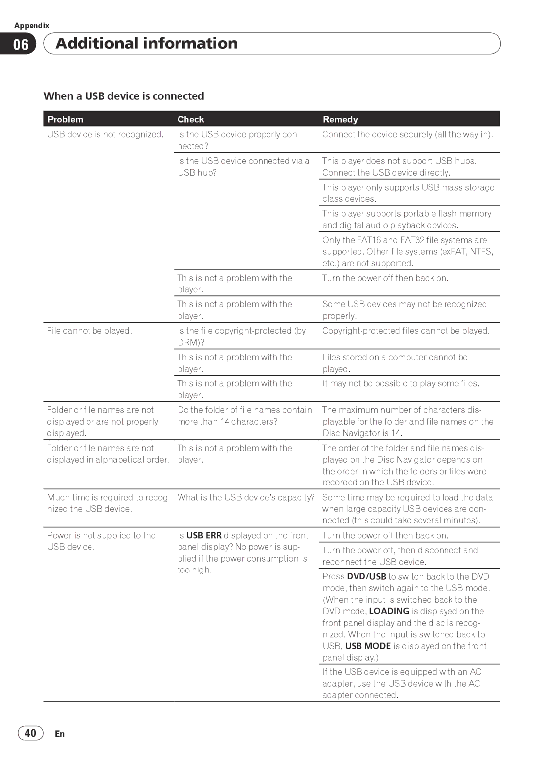 Pioneer PIONDV320S operating instructions When a USB device is connected, 40 En 