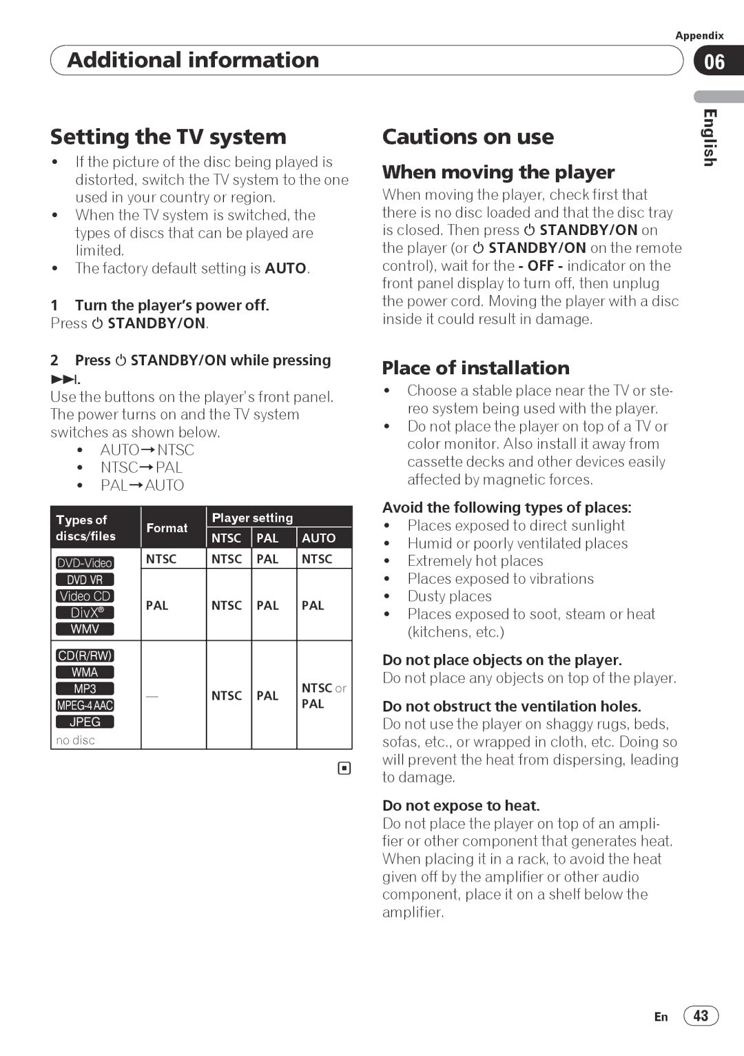 Pioneer PIONDV320S Additional information Setting the TV system, When moving the player, Place of installation 