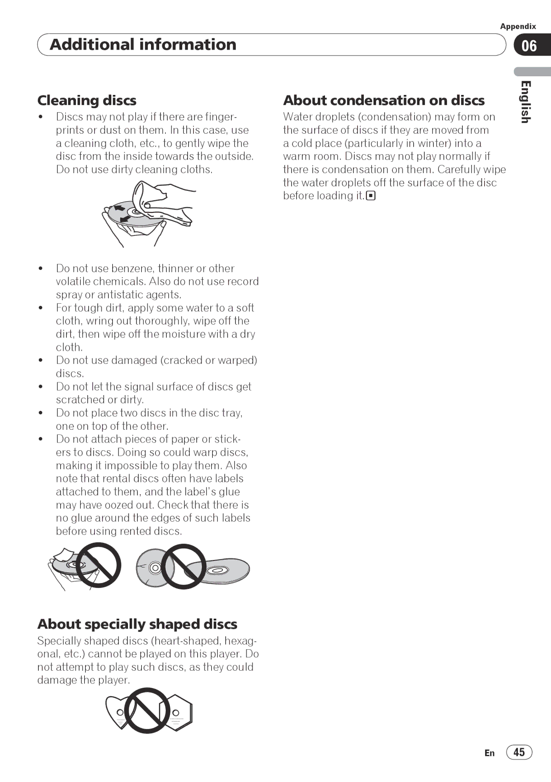 Pioneer PIONDV320S operating instructions Cleaning discs, About condensation on discs, About specially shaped discs 