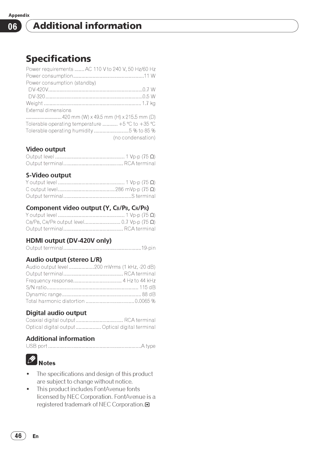 Pioneer PIONDV320S operating instructions Additional information Specifications 