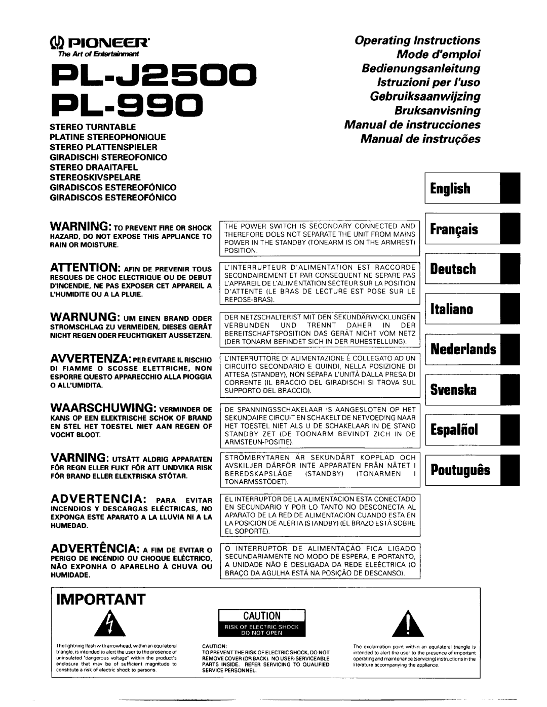 Pioneer PL-990, PL-J2500 manual 