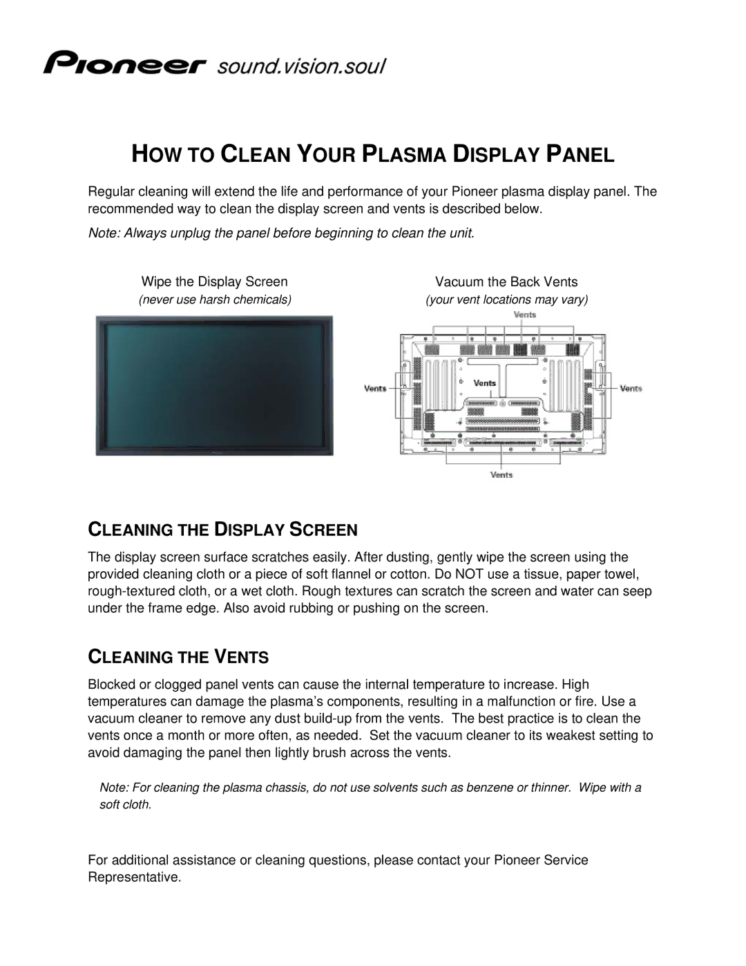 Pioneer manual HOW to Clean Your Plasma Display Panel, Cleaning the Display Screen, Cleaning the Vents 