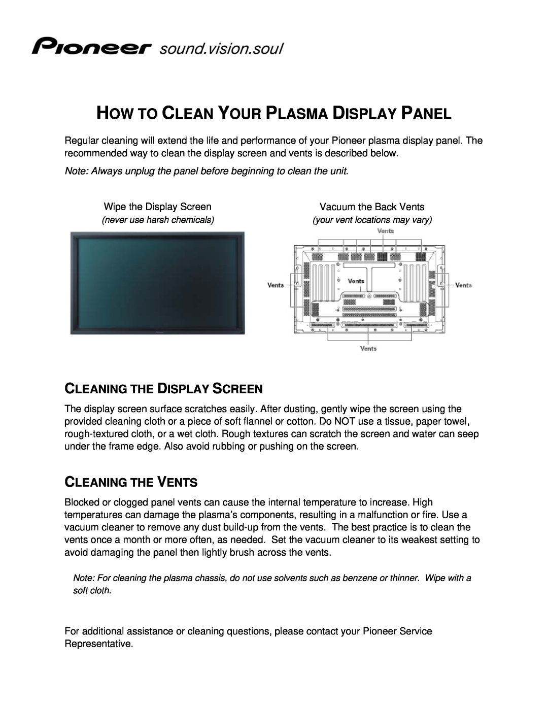 Pioneer manual How To Clean Your Plasma Display Panel, Cleaning The Display Screen, Cleaning The Vents 