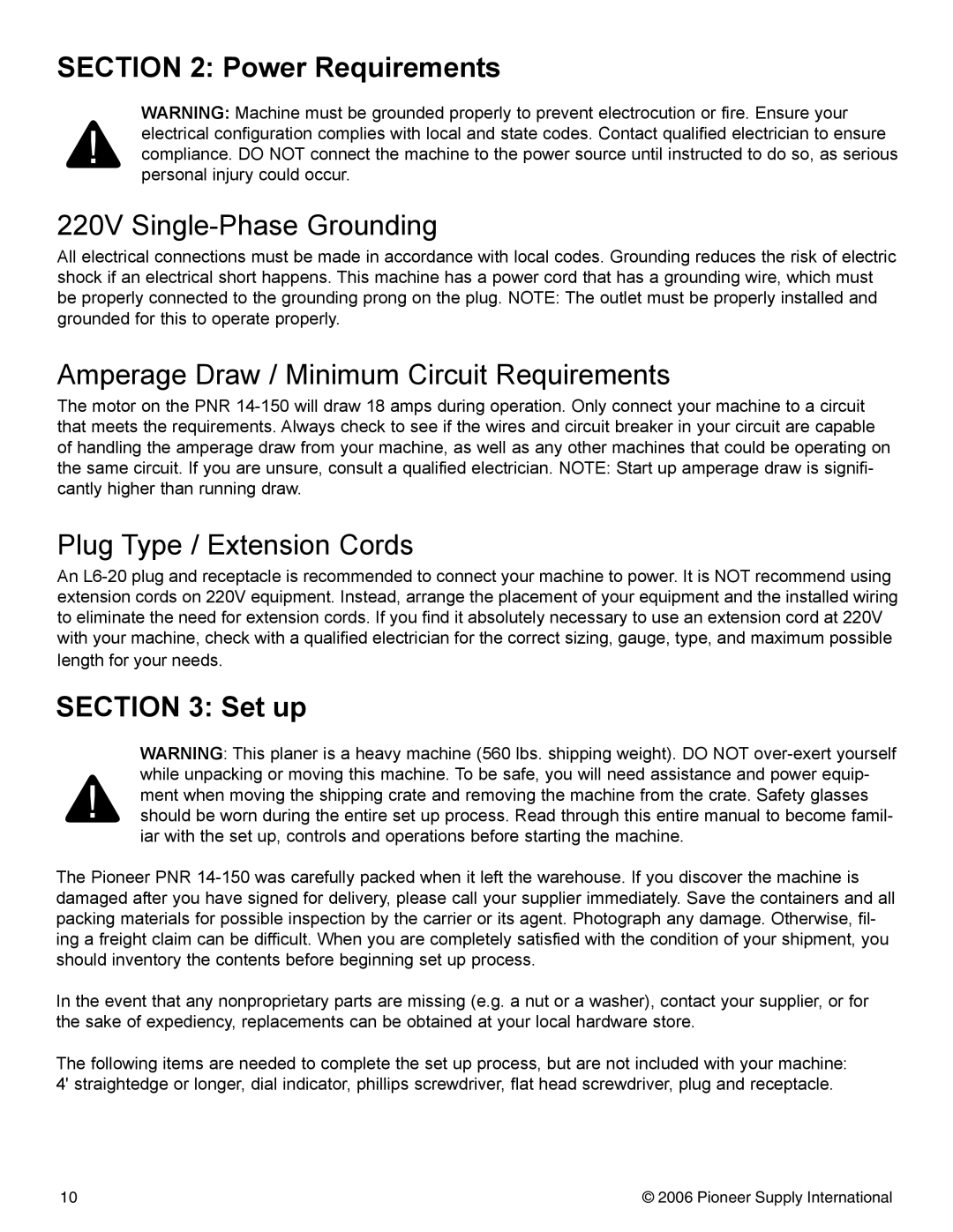 Pioneer PNR 14-150 220V Single-Phase Grounding, Amperage Draw / Minimum Circuit Requirements, Plug Type / Extension Cords 