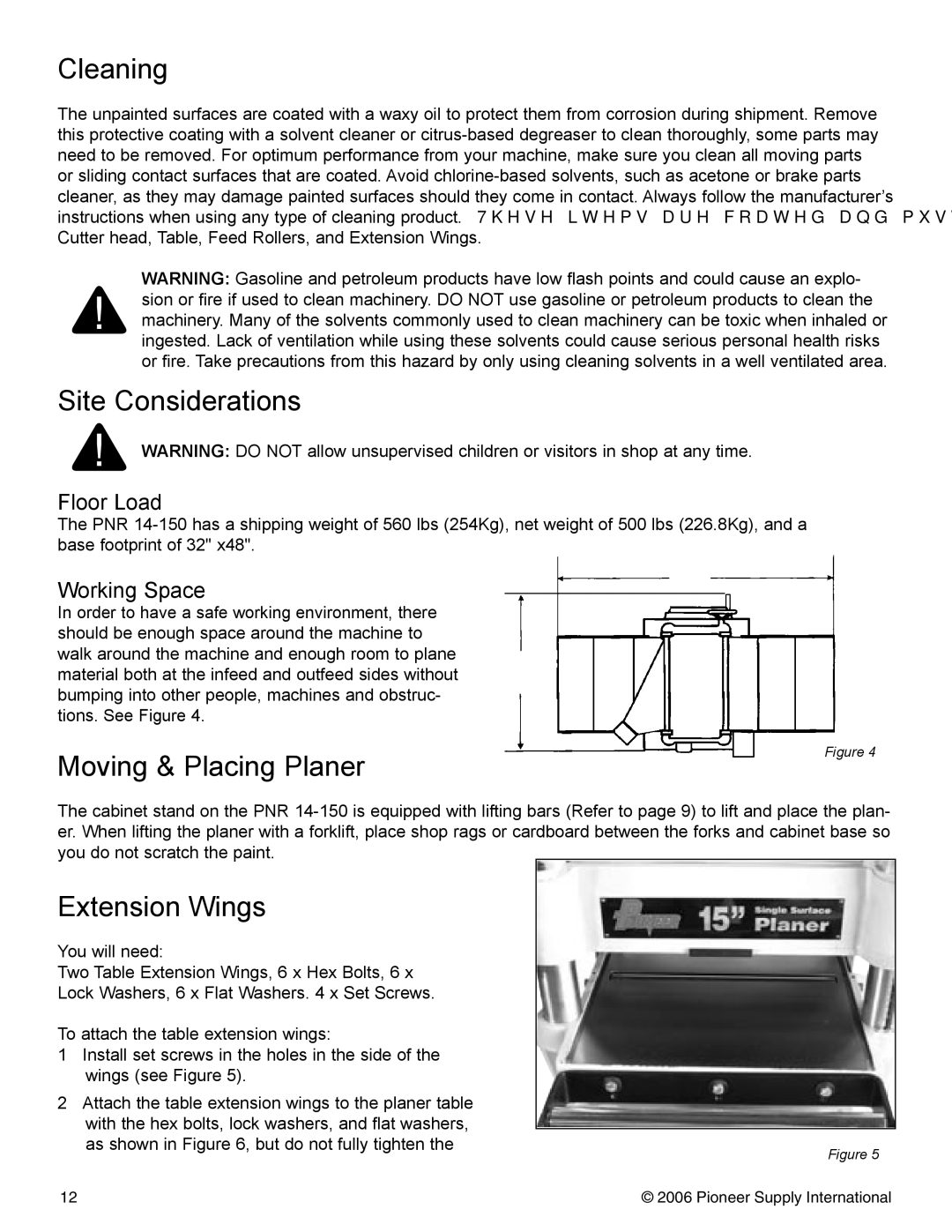 Pioneer PNR 14-150 operation manual Cleaning, Site Considerations, Moving & Placing Planer, Extension Wings 