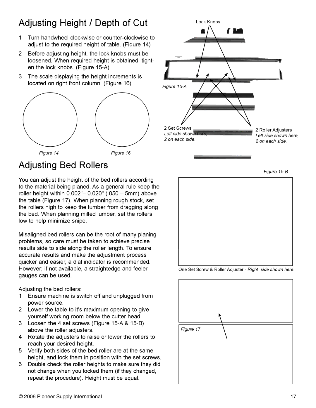 Pioneer PNR 14-150 operation manual Adjusting Height / Depth of Cut, Adjusting Bed Rollers 