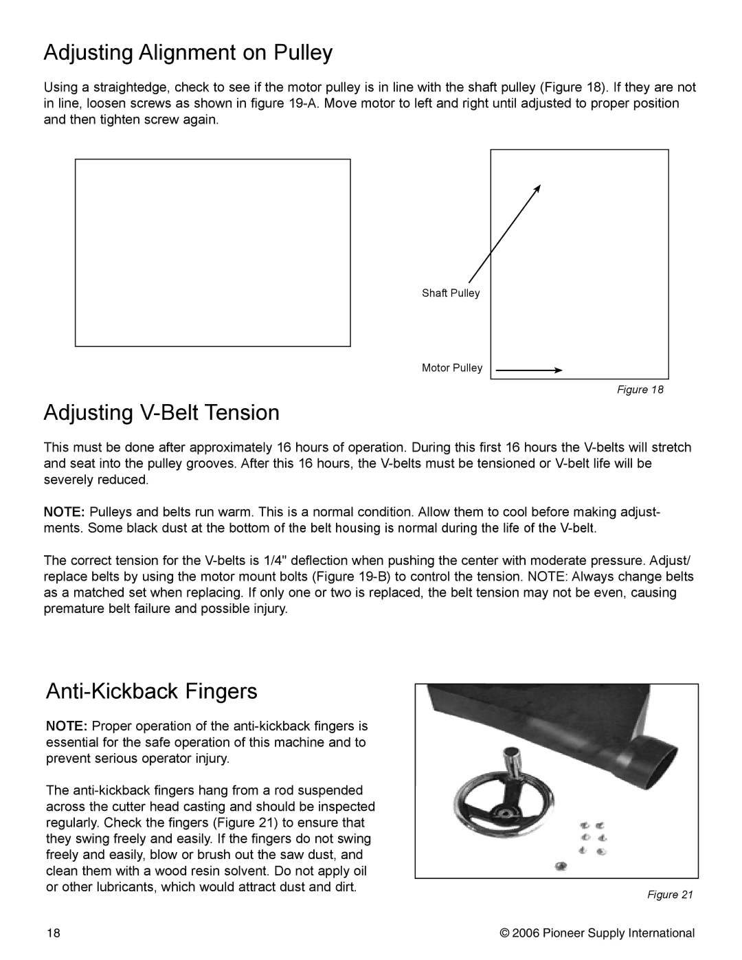 Pioneer PNR 14-150 operation manual Adjusting Alignment on Pulley, Adjusting V-Belt Tension, Anti-Kickback Fingers 