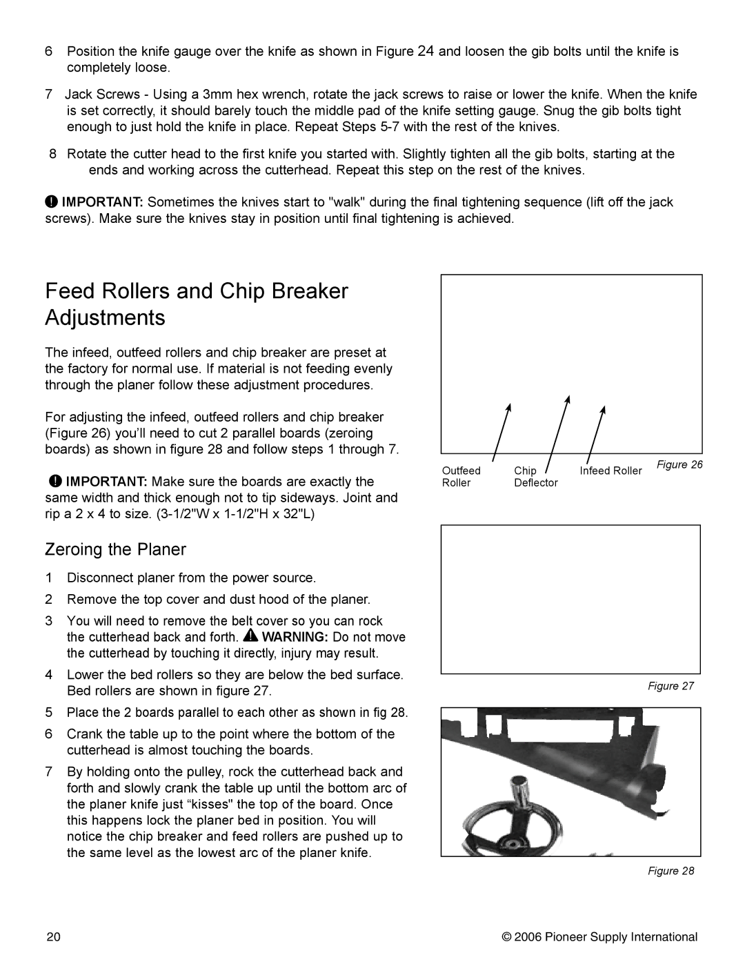 Pioneer PNR 14-150 operation manual Feed Rollers and Chip Breaker Adjustments, Zeroing the Planer 